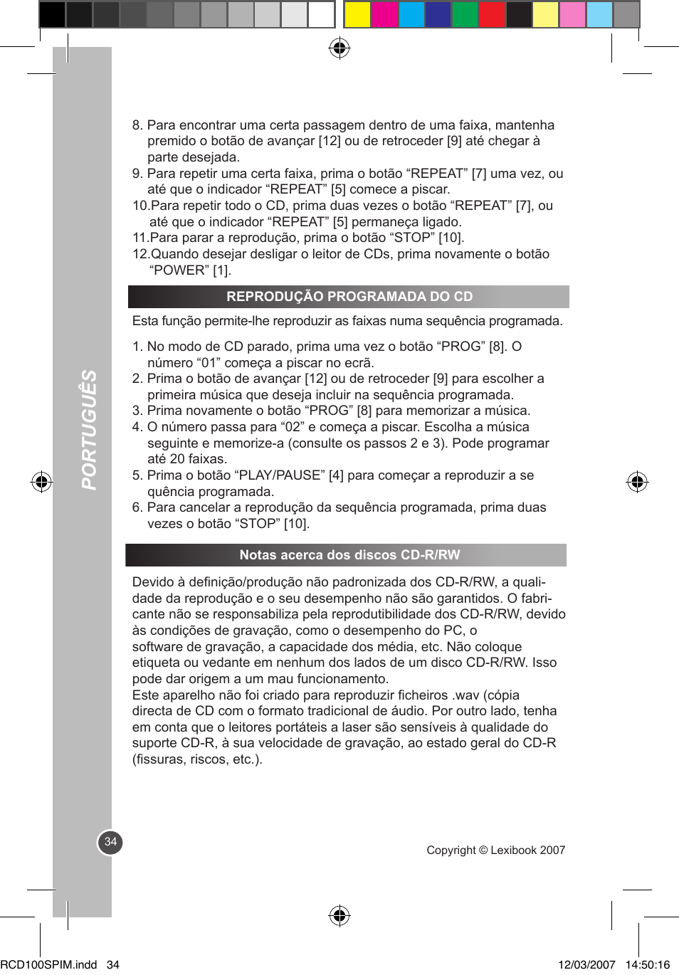 Por tuguês | Lexibook RCD100SP User Manual | Page 34 / 62