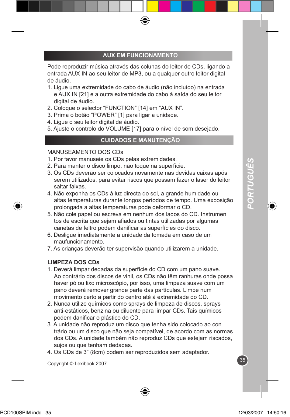 Por tuguês | Lexibook RCD100SP User Manual | Page 35 / 62