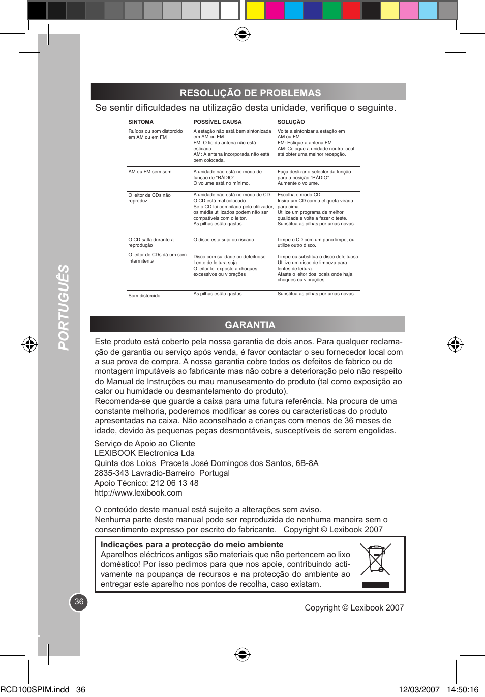 Por tuguês, Garantia, Copyright © lexibook 2007 | Lexibook RCD100SP User Manual | Page 36 / 62