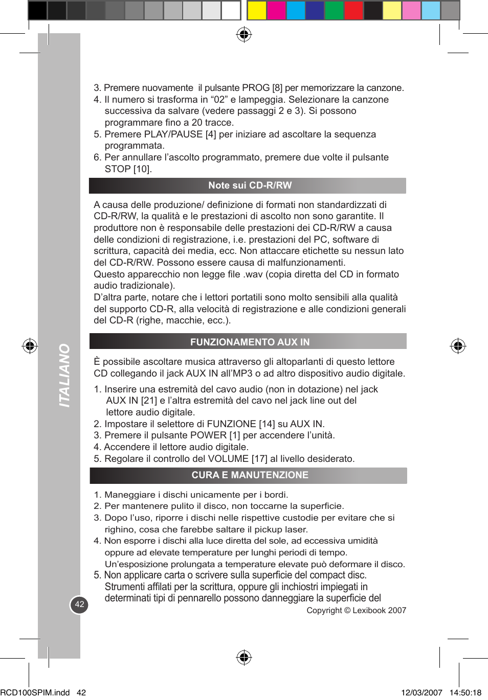 It aliano | Lexibook RCD100SP User Manual | Page 42 / 62