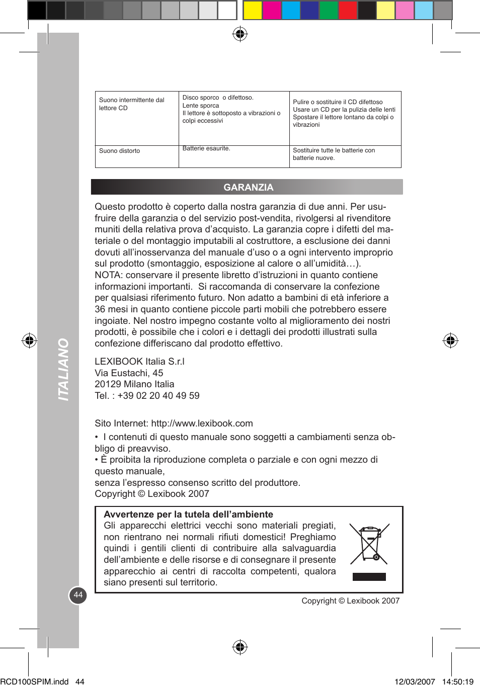It aliano | Lexibook RCD100SP User Manual | Page 44 / 62