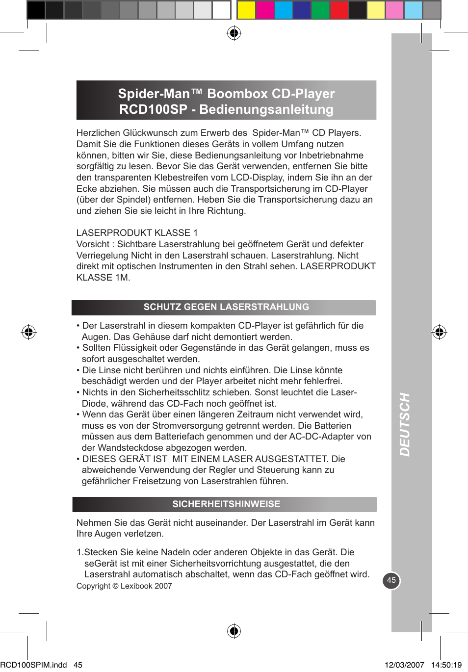Deutsch | Lexibook RCD100SP User Manual | Page 45 / 62