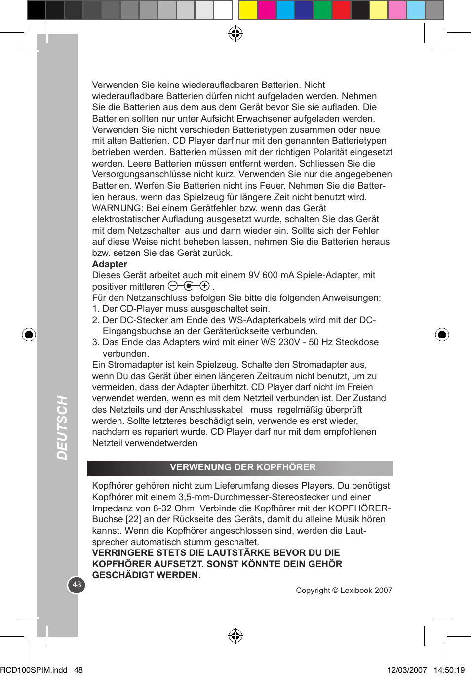 Deutsch | Lexibook RCD100SP User Manual | Page 48 / 62