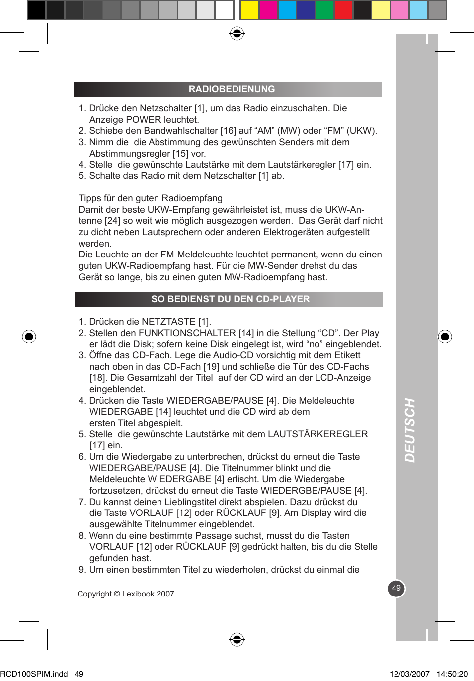 Deutsch | Lexibook RCD100SP User Manual | Page 49 / 62
