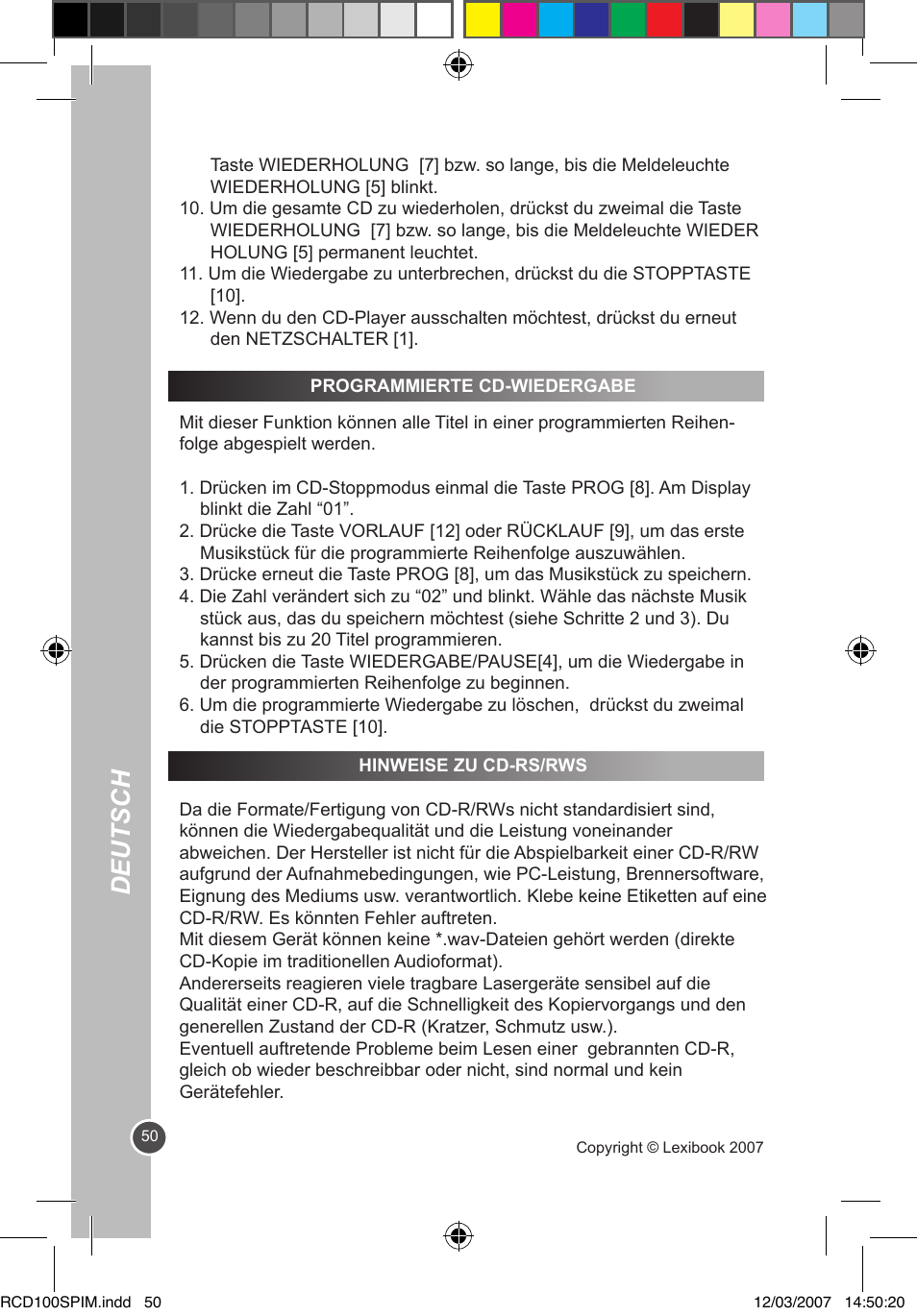 Deutsch | Lexibook RCD100SP User Manual | Page 50 / 62