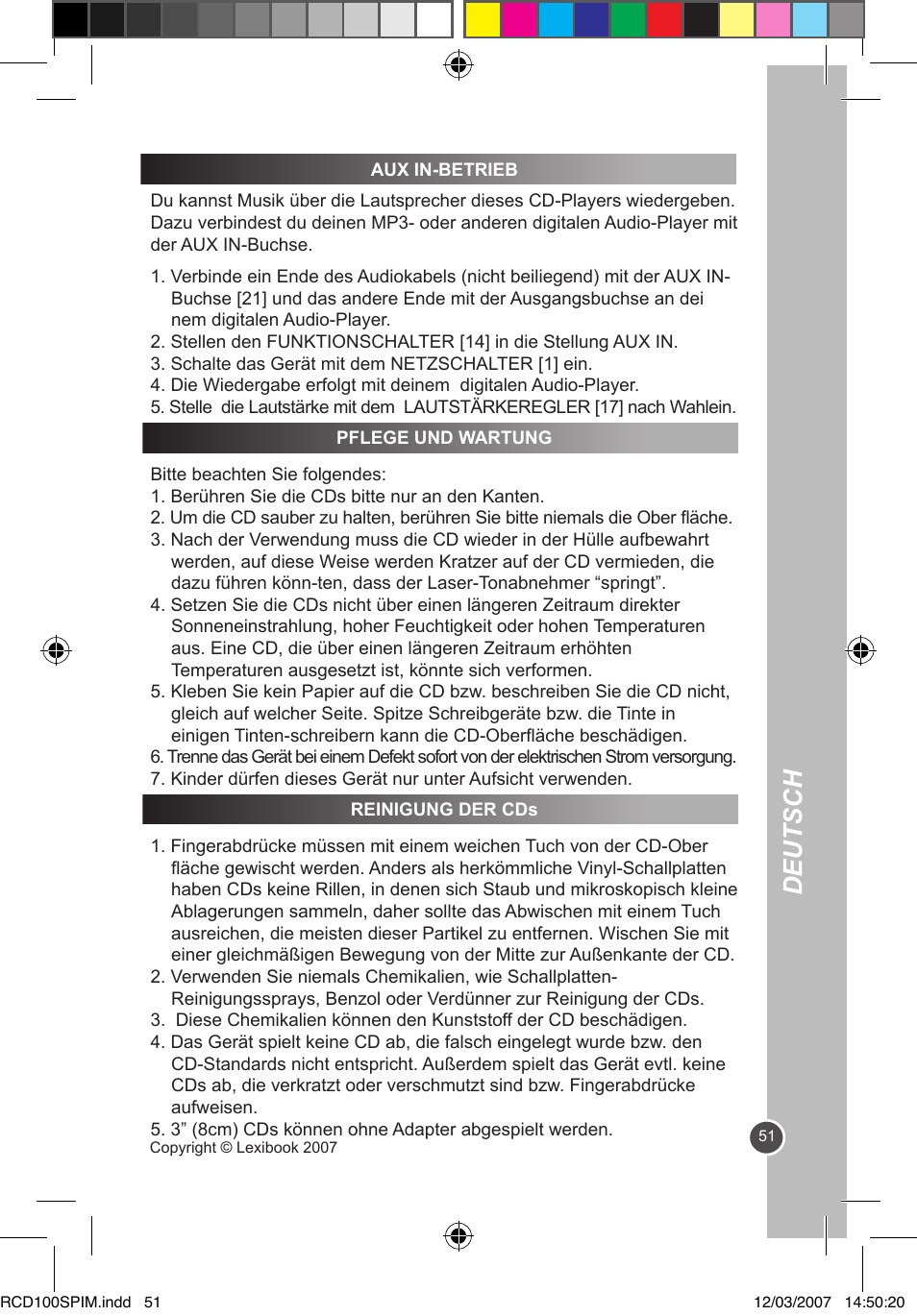 Deutsch | Lexibook RCD100SP User Manual | Page 51 / 62