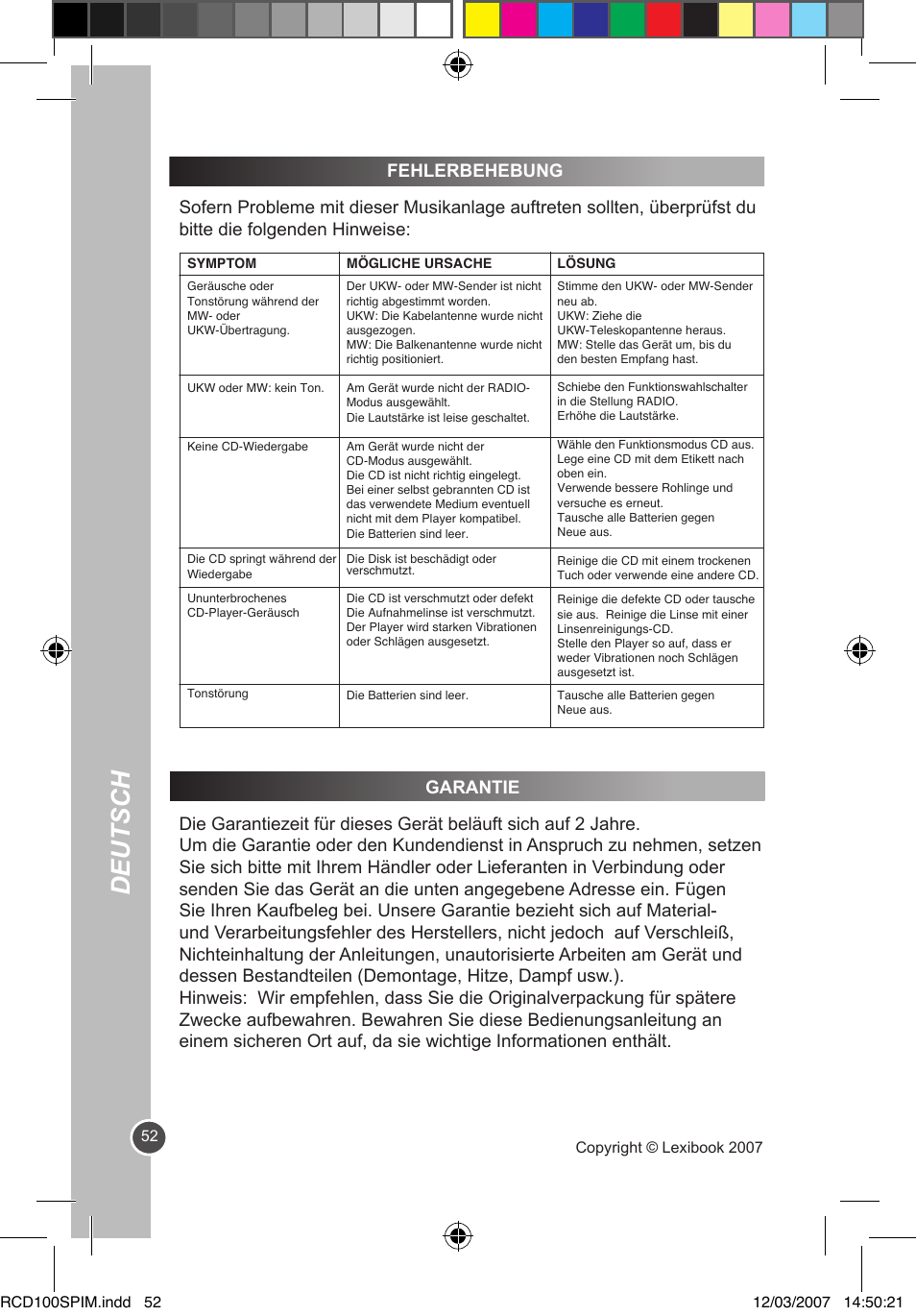 Deutsch | Lexibook RCD100SP User Manual | Page 52 / 62