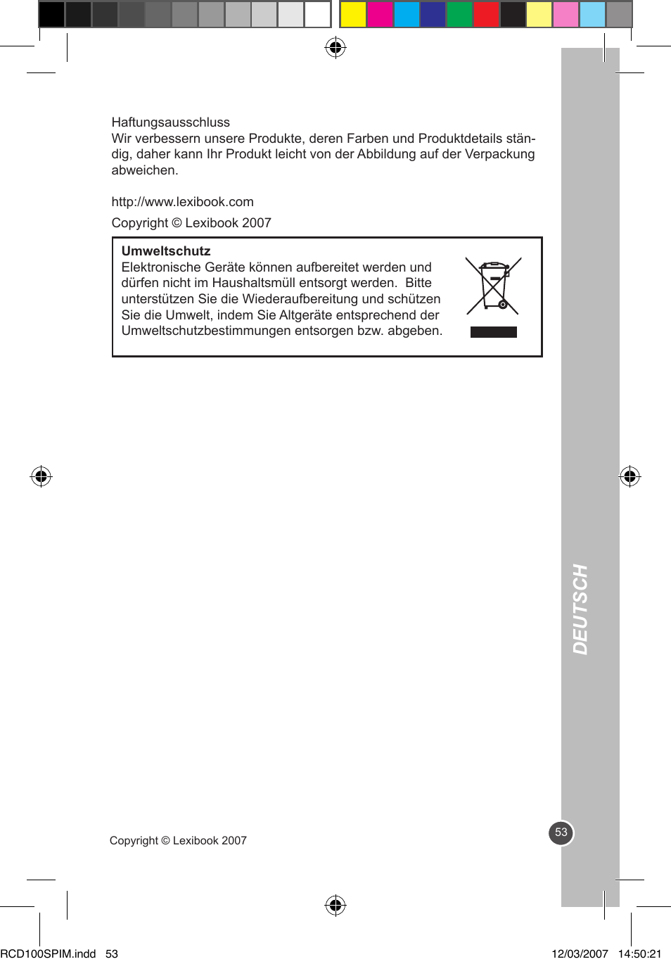 Deutsch | Lexibook RCD100SP User Manual | Page 53 / 62