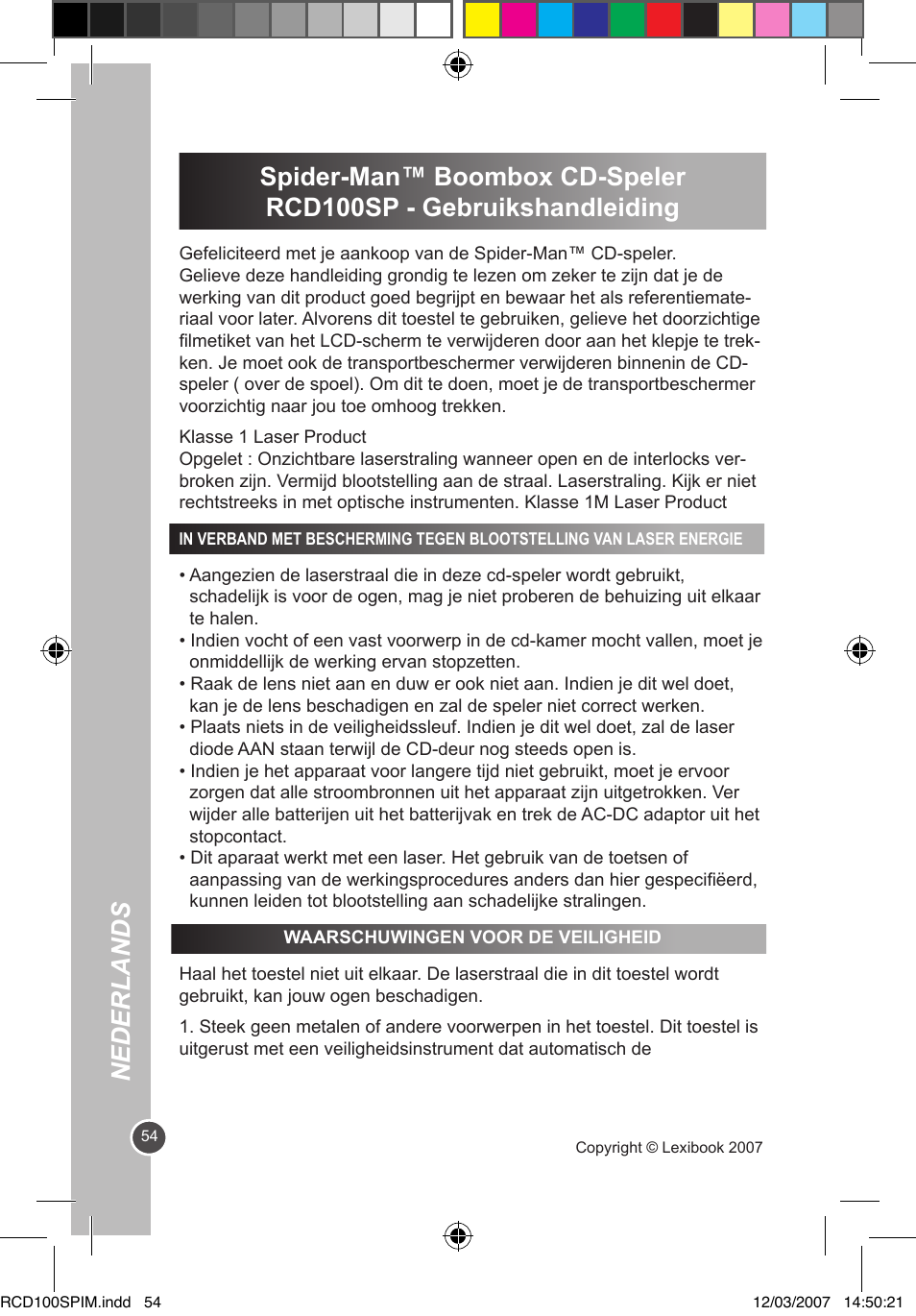 Nederlands | Lexibook RCD100SP User Manual | Page 54 / 62