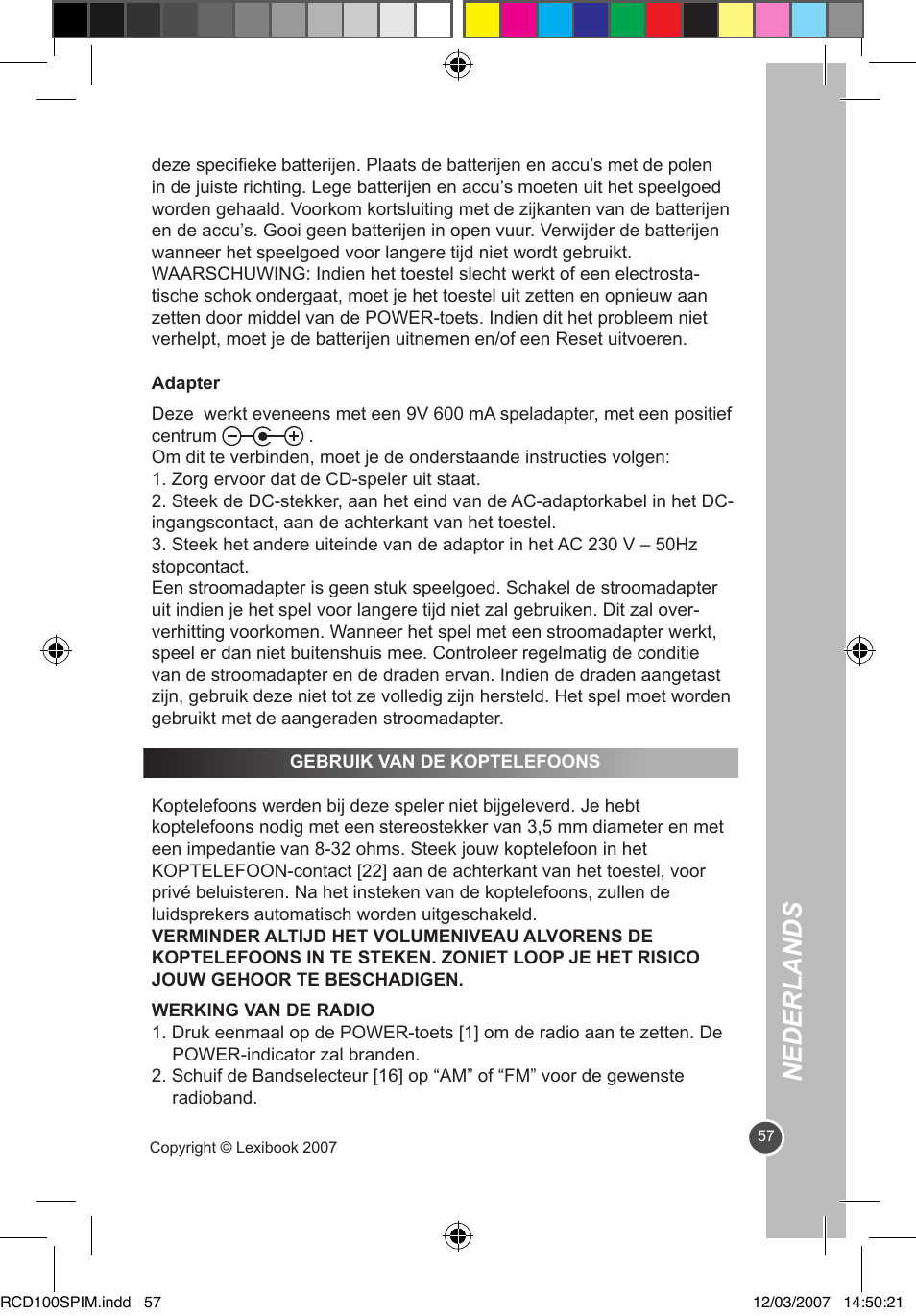 Nederlands | Lexibook RCD100SP User Manual | Page 57 / 62