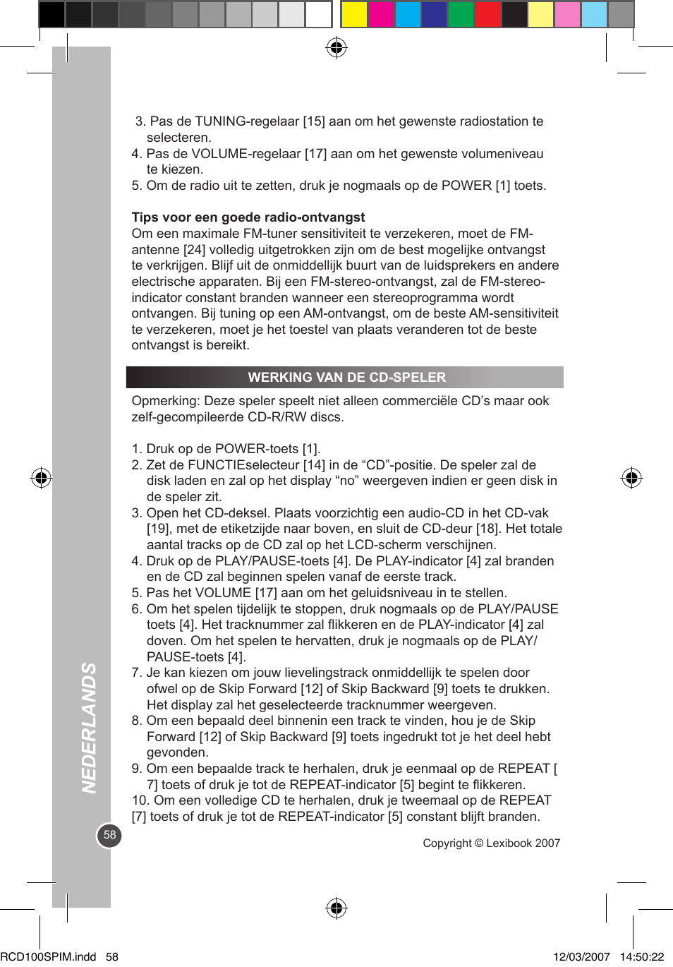 Nederlands | Lexibook RCD100SP User Manual | Page 58 / 62