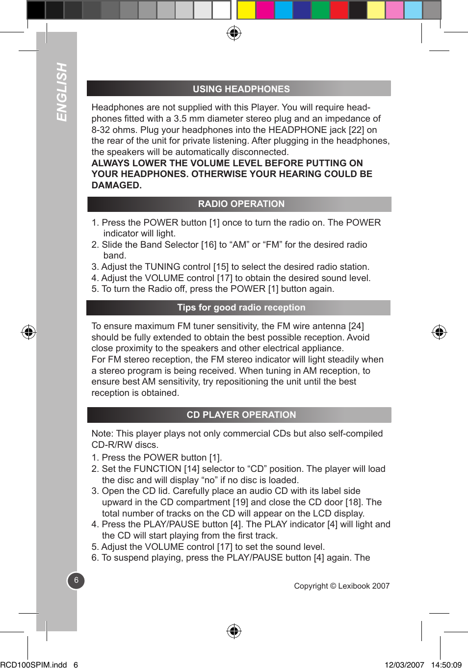 English | Lexibook RCD100SP User Manual | Page 6 / 62