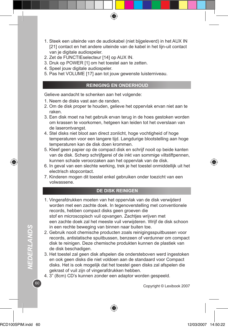 Nederlands | Lexibook RCD100SP User Manual | Page 60 / 62