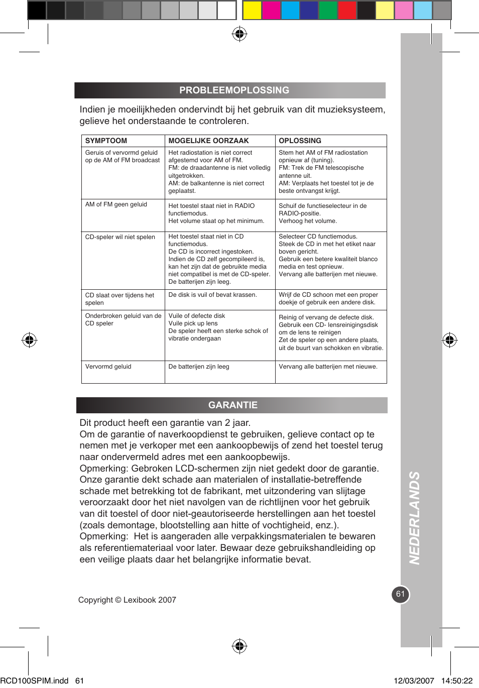 Nederlands | Lexibook RCD100SP User Manual | Page 61 / 62