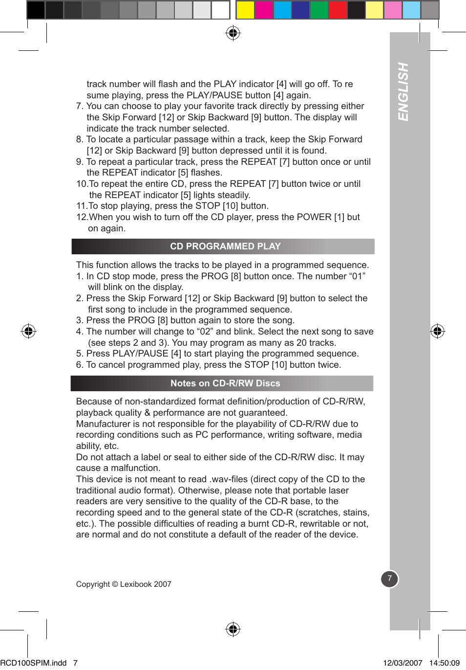 English | Lexibook RCD100SP User Manual | Page 7 / 62