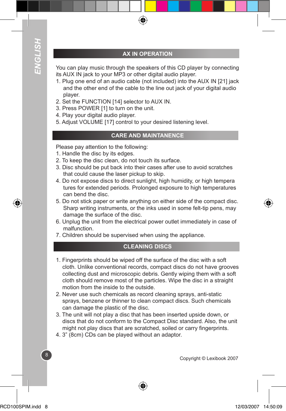 English | Lexibook RCD100SP User Manual | Page 8 / 62