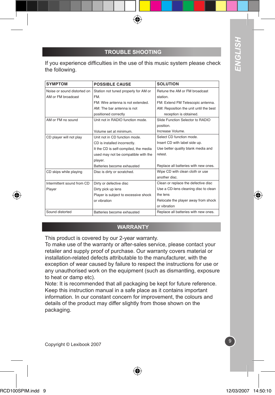 English | Lexibook RCD100SP User Manual | Page 9 / 62