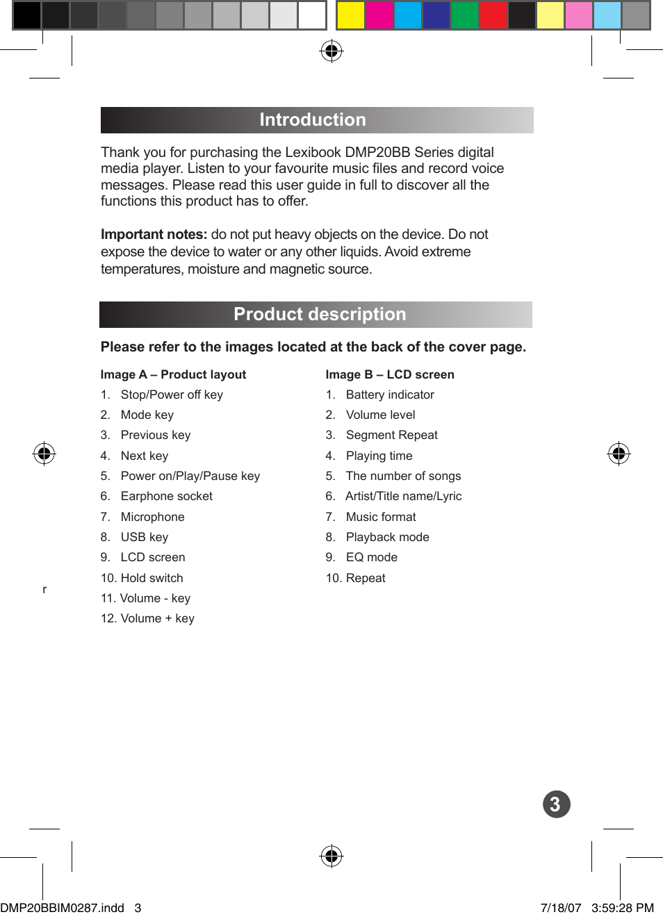 English français introduction, Product description | Lexibook DMP20BB/DMP23BB User Manual | Page 3 / 8