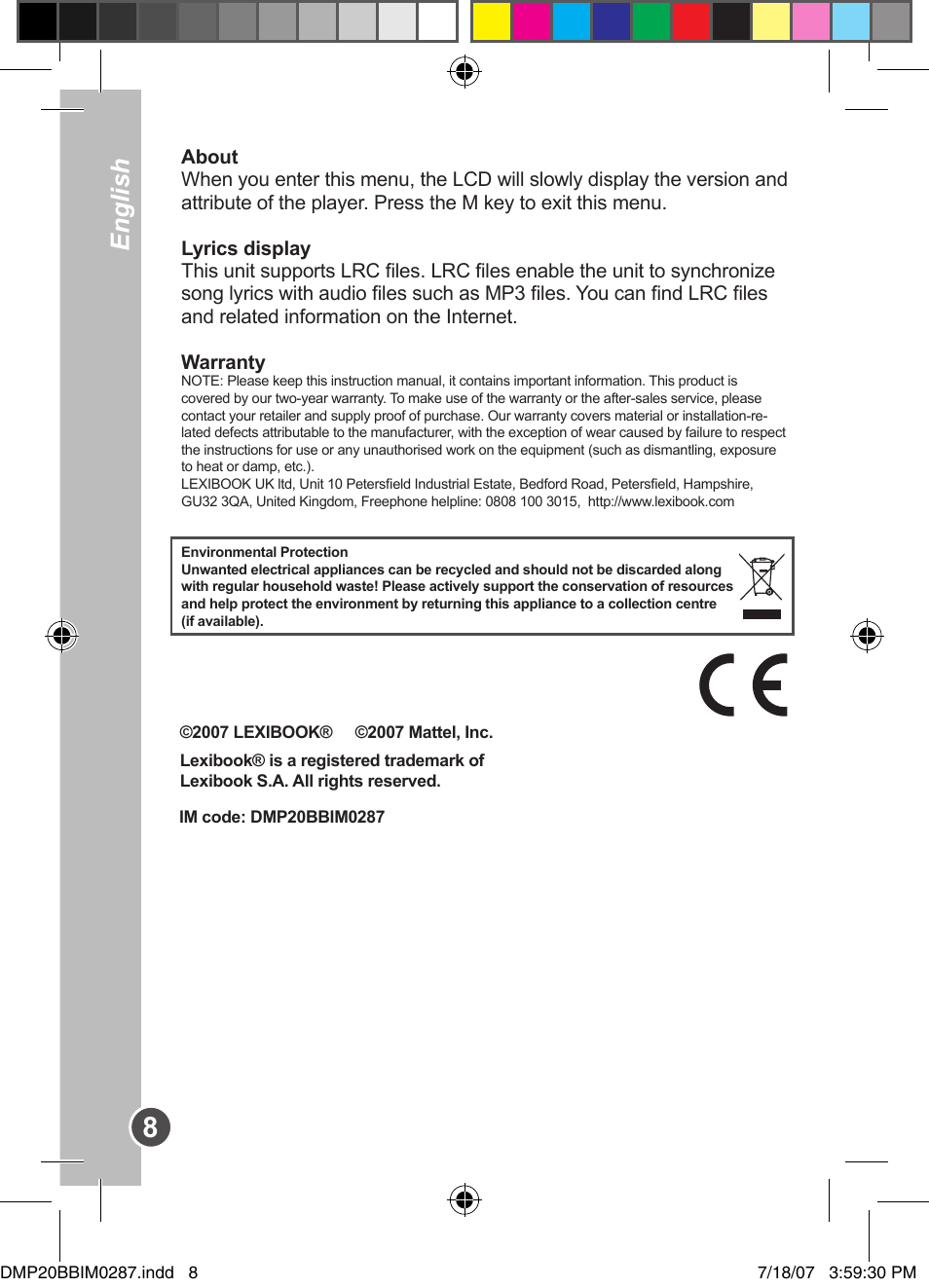 English | Lexibook DMP20BB/DMP23BB User Manual | Page 8 / 8
