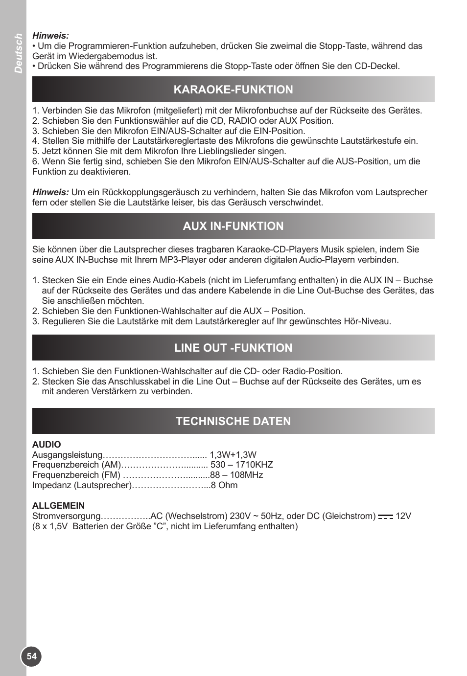 Aux in-funktion, Line out -funktion, Technische daten | Karaoke-funktion | Lexibook K11SP User Manual | Page 54 / 67