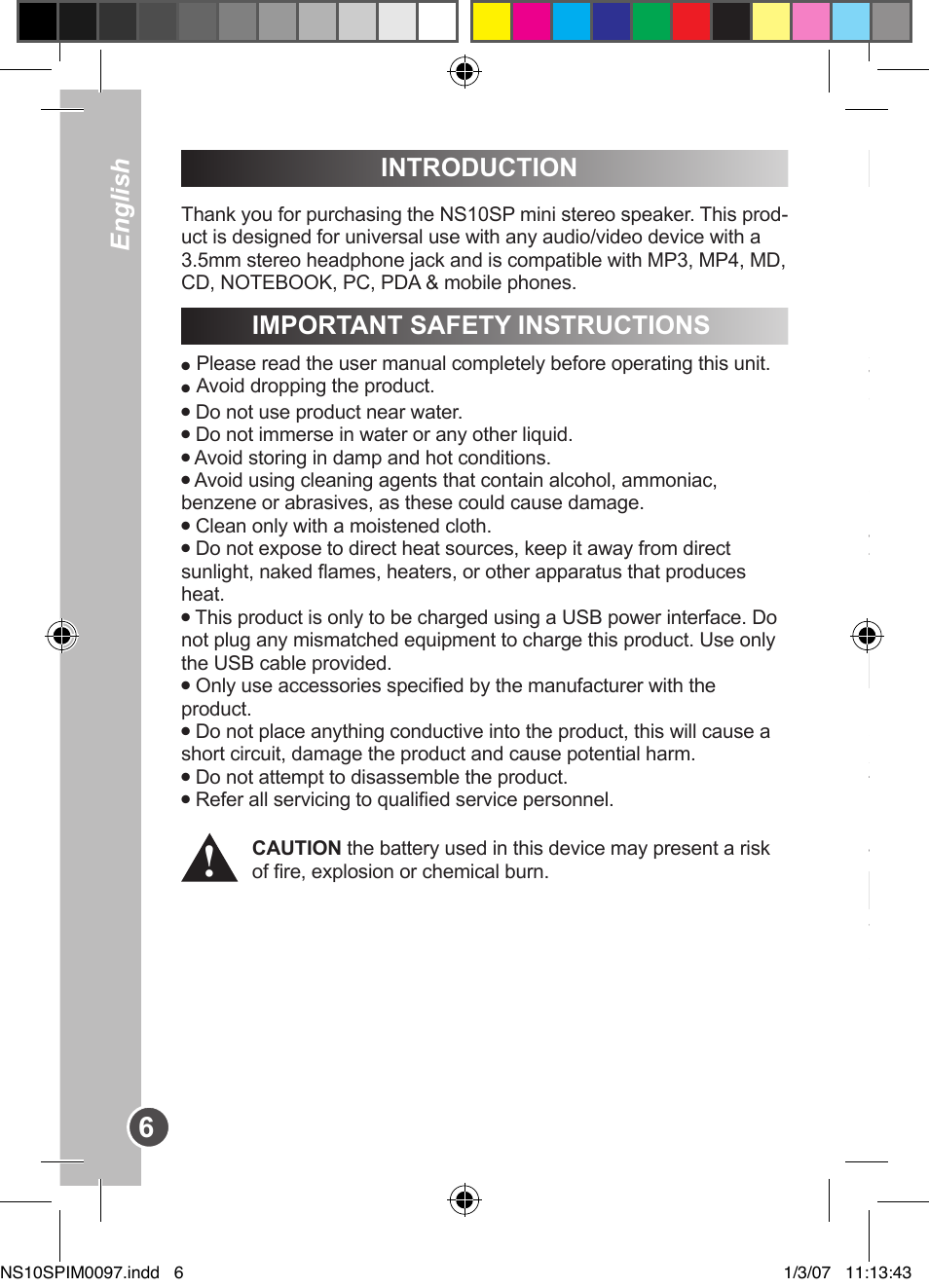 Introduction, English, English important safety instructions | Lexibook NS10SP User Manual | Page 6 / 23