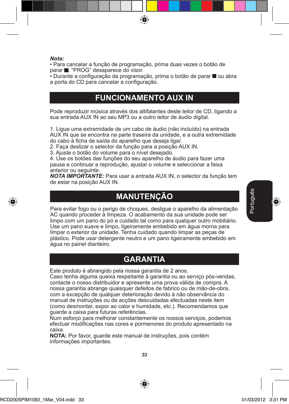 Manutenção, Funcionamento aux in, Garantia | Lexibook RCD200SP User Manual | Page 33 / 60