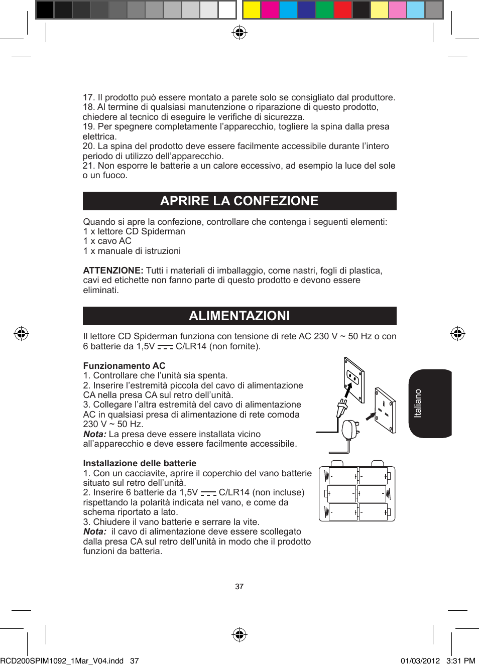 Aprire la confezione alimentazioni | Lexibook RCD200SP User Manual | Page 37 / 60