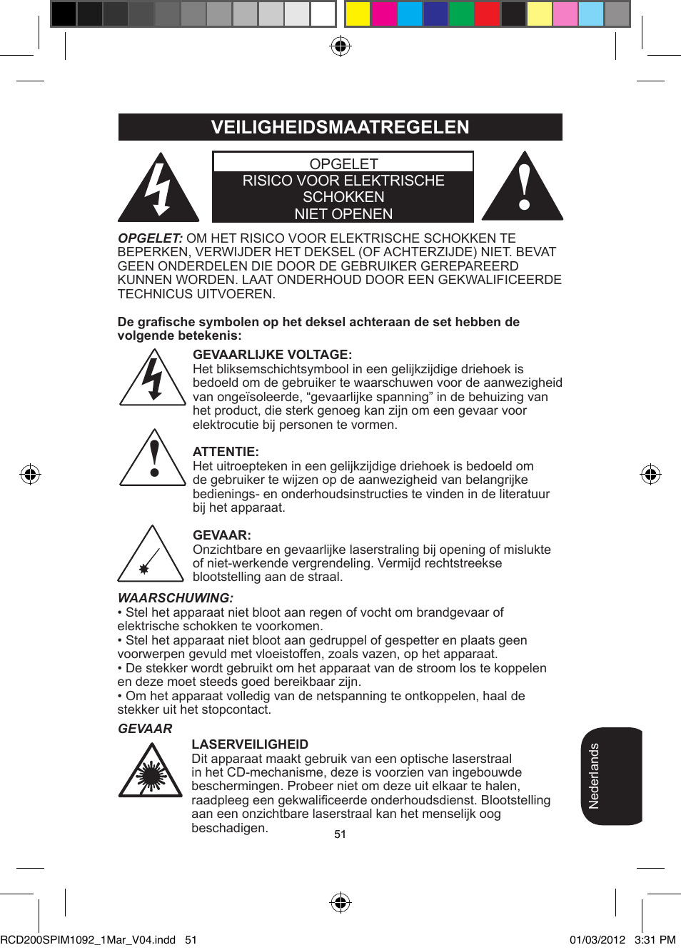 Veiligheidsmaatregelen | Lexibook RCD200SP User Manual | Page 51 / 60