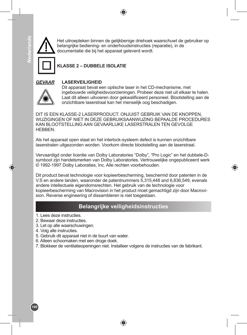 Belangrijke veiligheidsinstructies | Lexibook DVDP1BB User Manual | Page 100 / 116