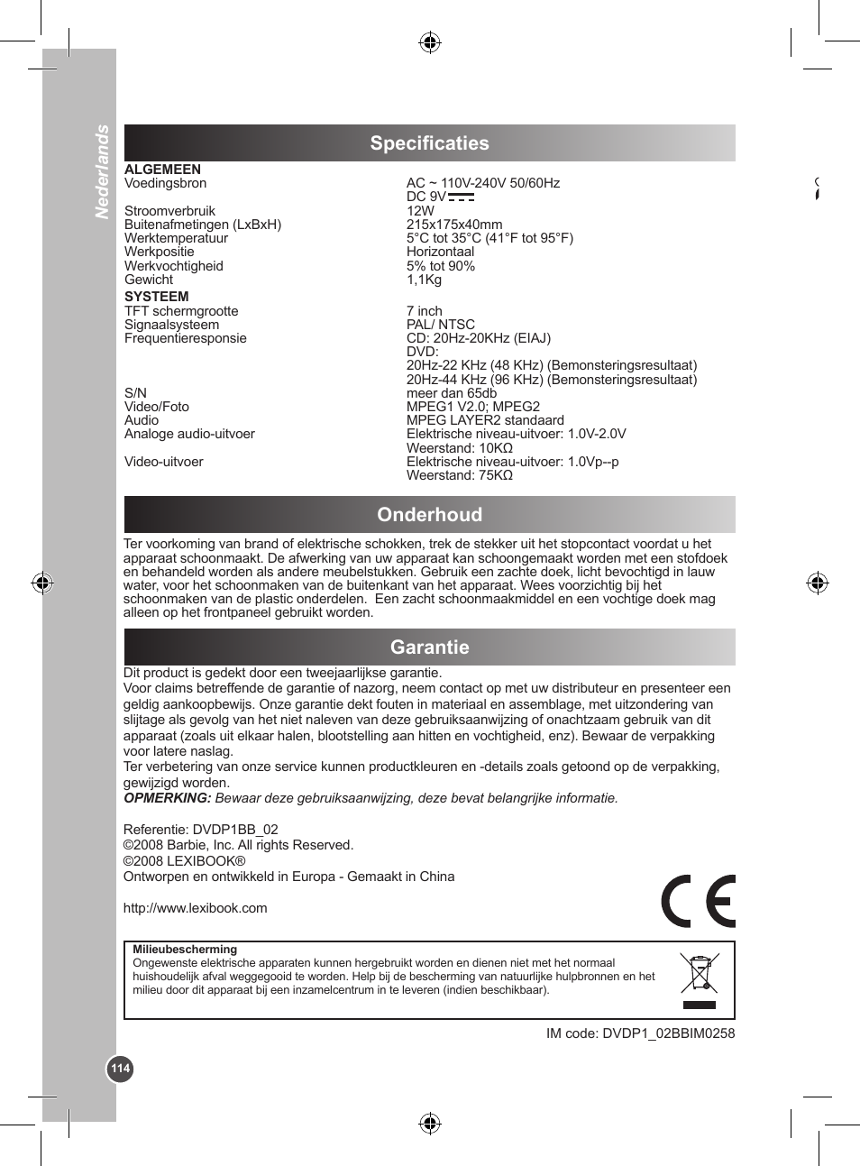 Specificaties, Onderhoud garantie, Nederlands | Lexibook DVDP1BB User Manual | Page 114 / 116