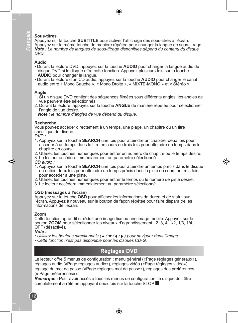 Réglages dvd | Lexibook DVDP1BB User Manual | Page 12 / 116