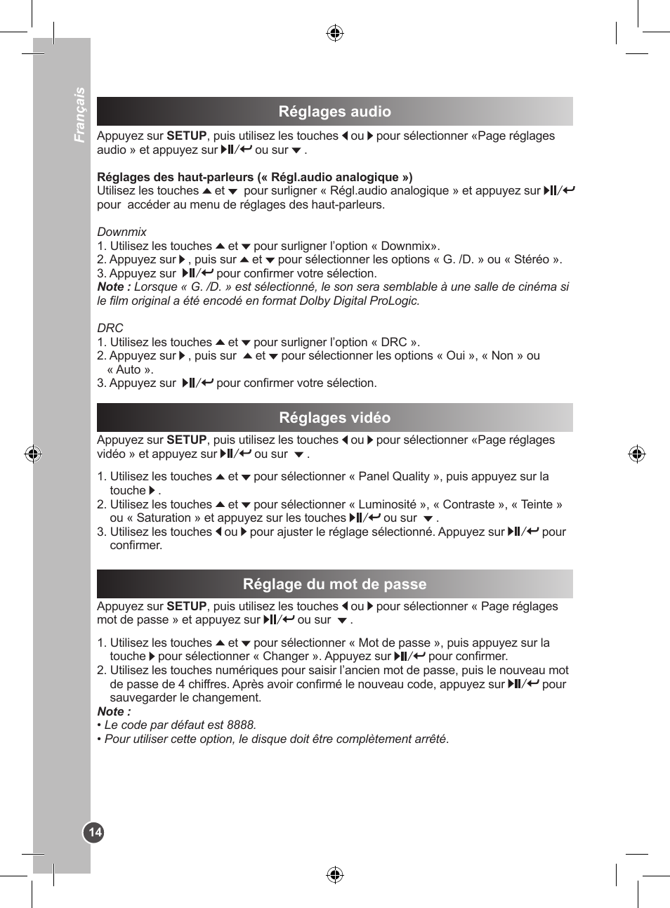 Réglages audio réglages vidéo, Réglage du mot de passe | Lexibook DVDP1BB User Manual | Page 14 / 116