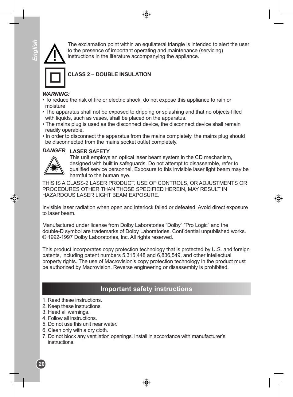 Important safety instructions | Lexibook DVDP1BB User Manual | Page 20 / 116