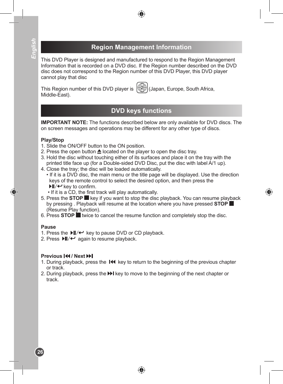 Region management information, Dvd keys functions | Lexibook DVDP1BB User Manual | Page 26 / 116