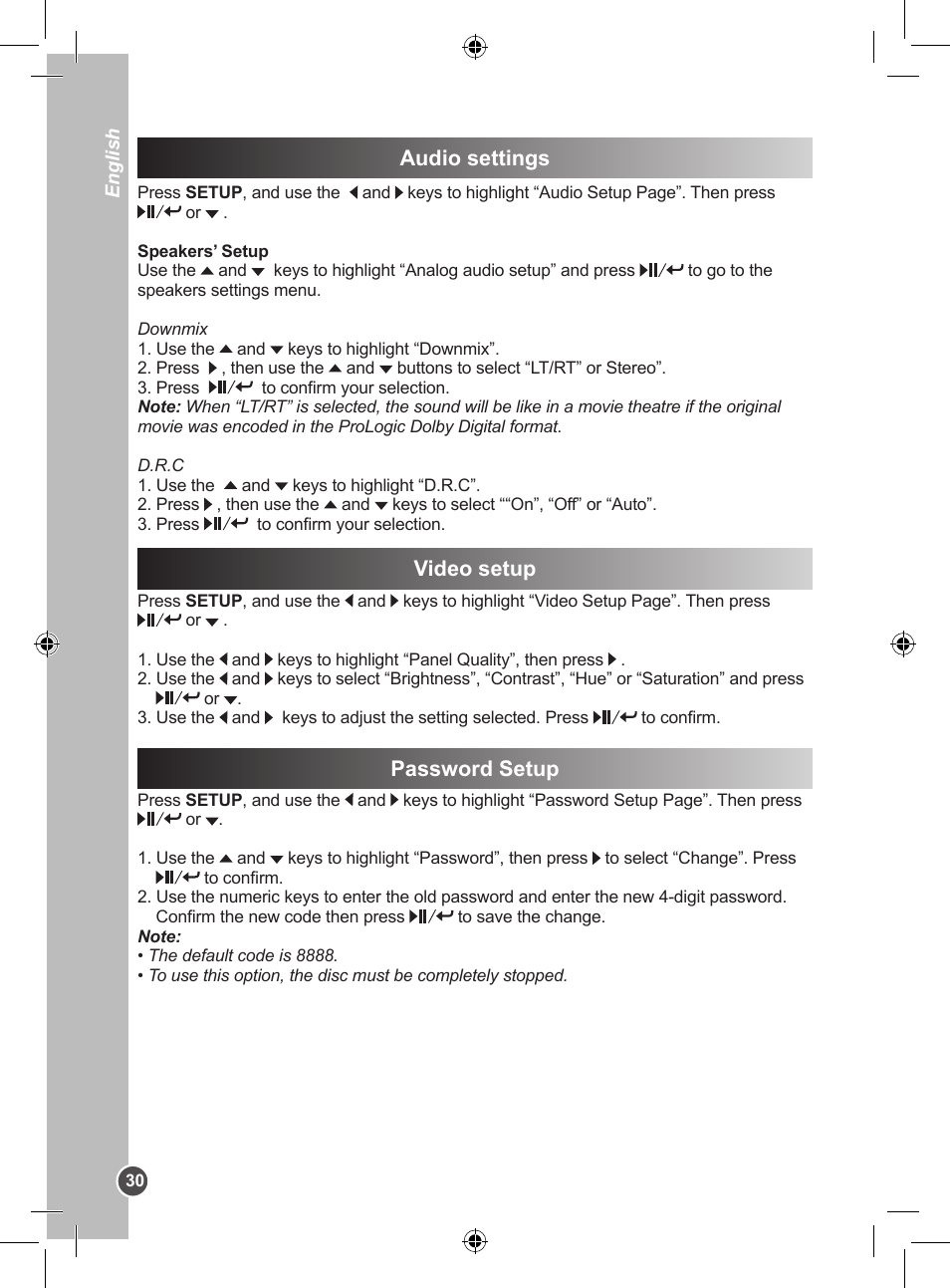 Audio settings video setup, Password setup | Lexibook DVDP1BB User Manual | Page 30 / 116