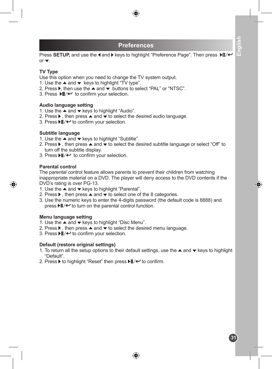 Preferences | Lexibook DVDP1BB User Manual | Page 31 / 116