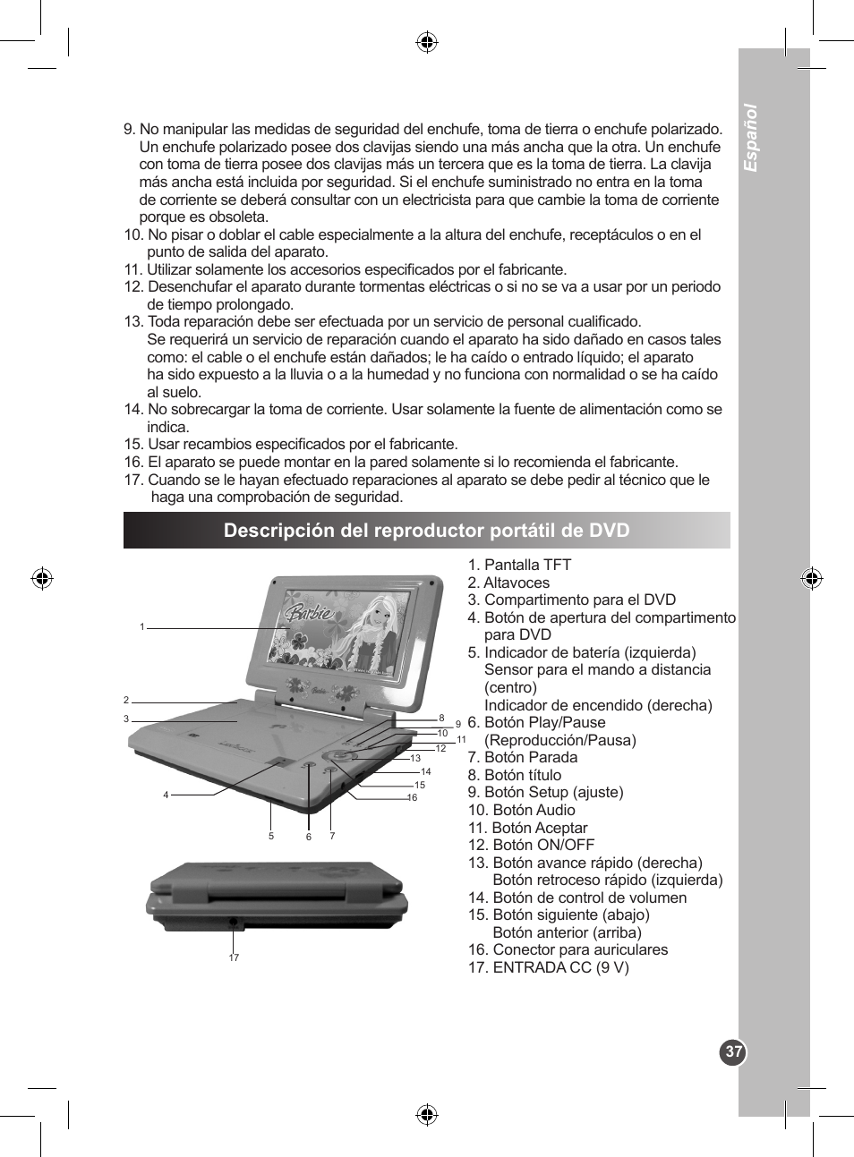 Descripción del reproductor portátil de dvd, Español | Lexibook DVDP1BB User Manual | Page 37 / 116
