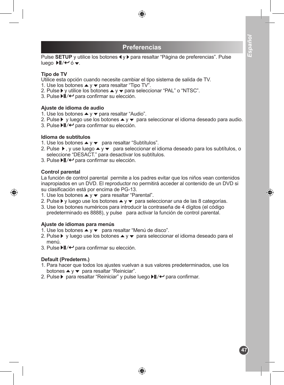 Preferencias | Lexibook DVDP1BB User Manual | Page 47 / 116