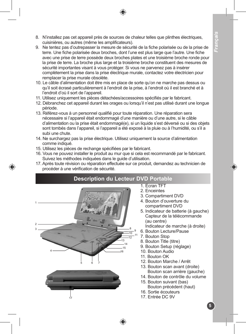 Description du lecteur dvd portable, Français | Lexibook DVDP1BB User Manual | Page 5 / 116