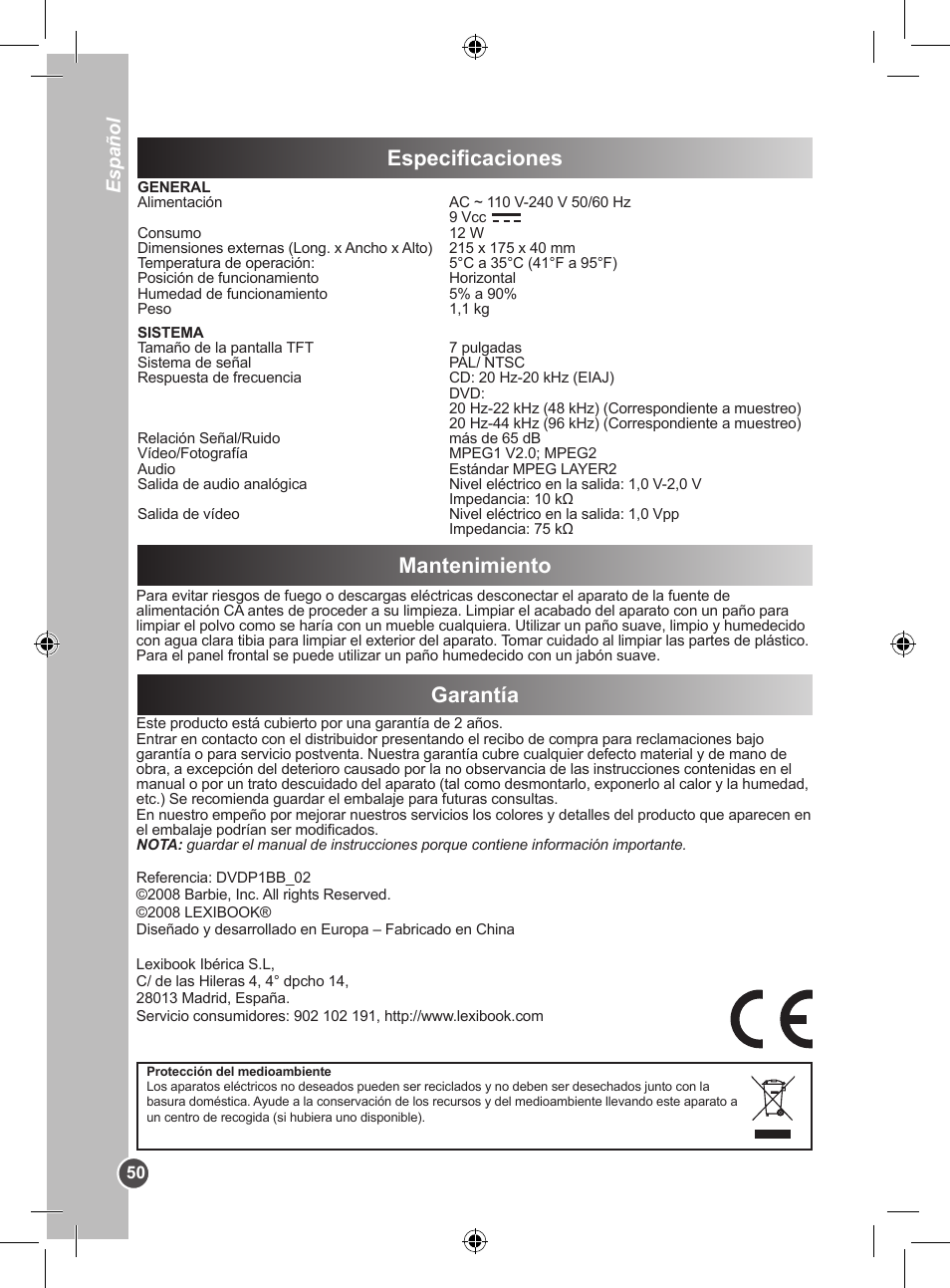 Especificaciones, Mantenimiento garantía, Español | Lexibook DVDP1BB User Manual | Page 50 / 116