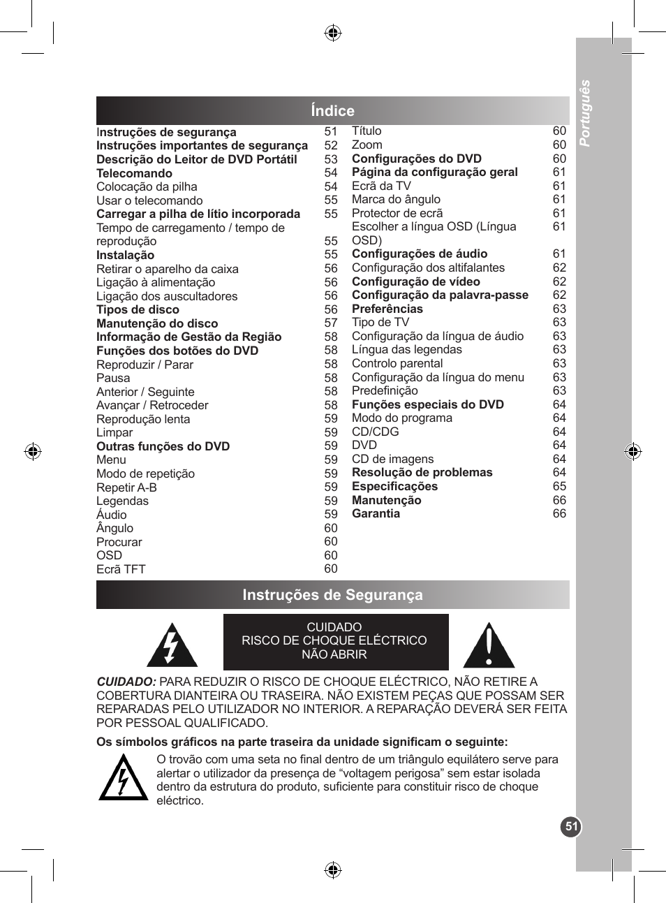 Instruções de segurança, Índice | Lexibook DVDP1BB User Manual | Page 51 / 116