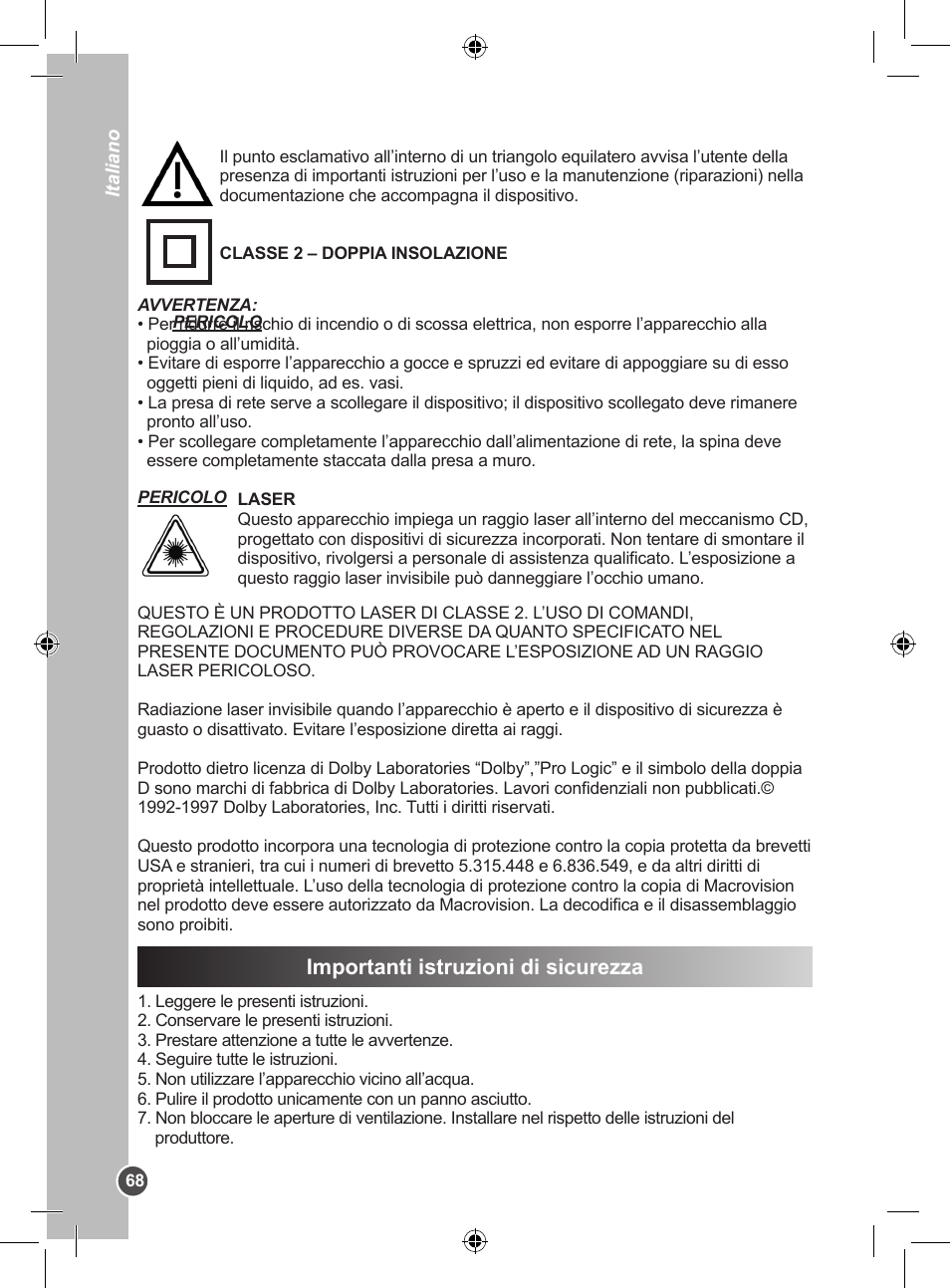 Importanti istruzioni di sicurezza | Lexibook DVDP1BB User Manual | Page 68 / 116