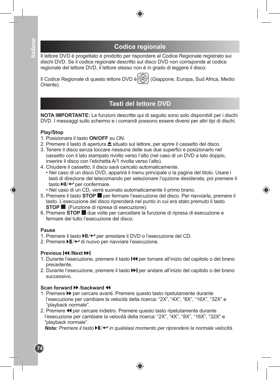 Codice regionale, Tasti del lettore dvd | Lexibook DVDP1BB User Manual | Page 74 / 116
