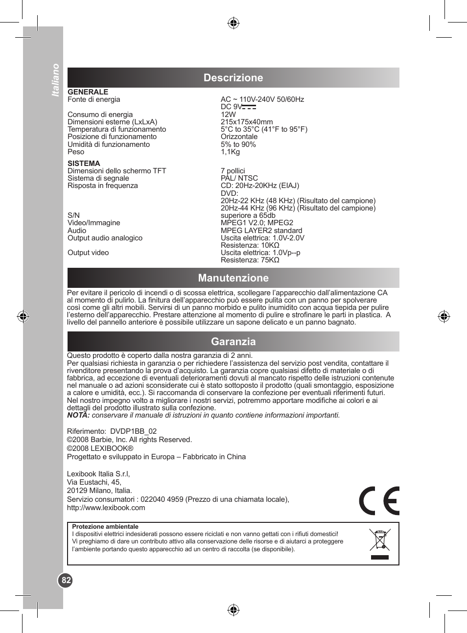Descrizione, Manutenzione garanzia, Italiano | Lexibook DVDP1BB User Manual | Page 82 / 116