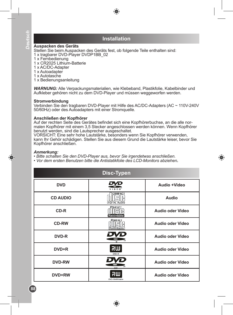 Installation, Disc-typen | Lexibook DVDP1BB User Manual | Page 88 / 116