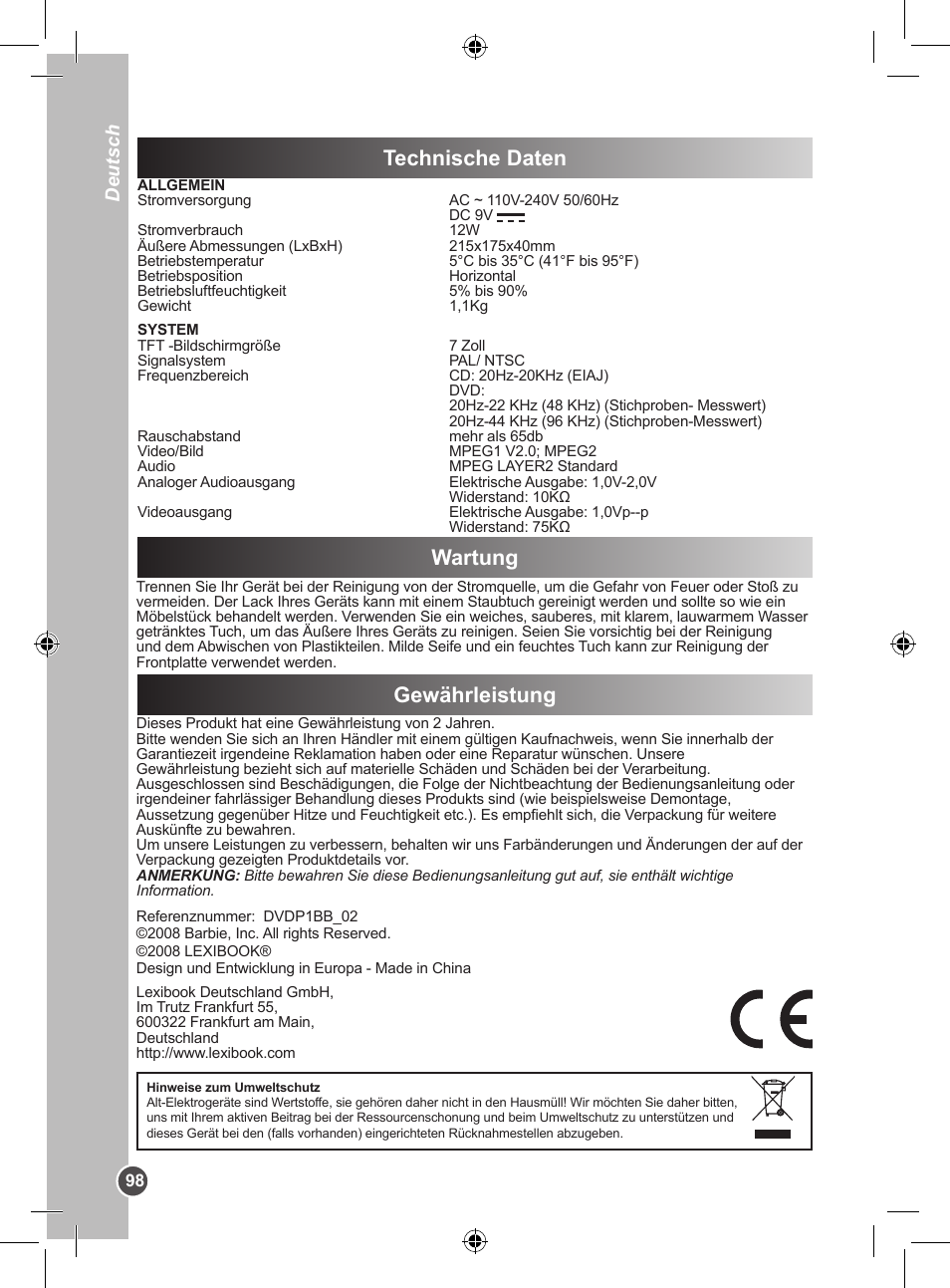 Technische daten, Wartung gewährleistung, Deutsch | Lexibook DVDP1BB User Manual | Page 98 / 116