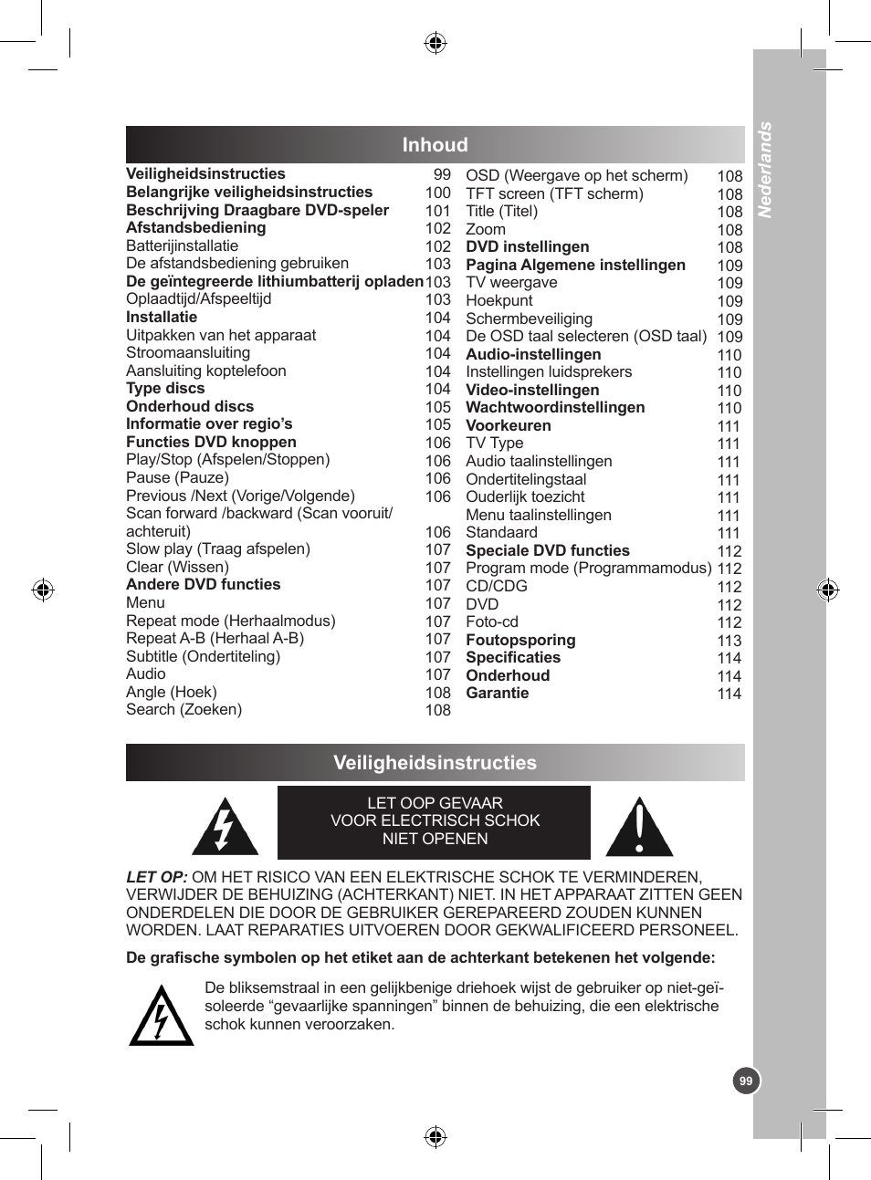 Veiligheidsinstructies, Inhoud | Lexibook DVDP1BB User Manual | Page 99 / 116