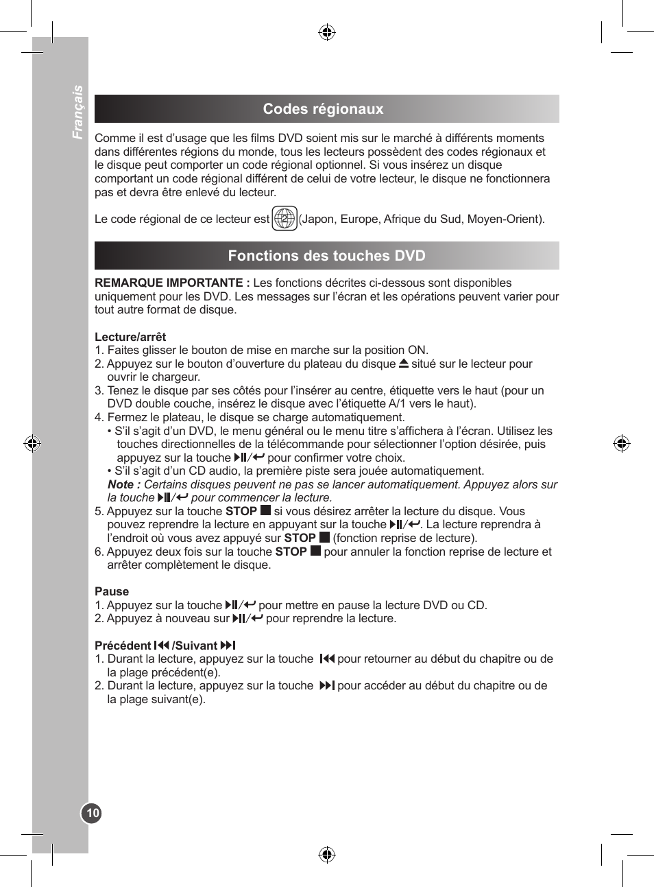 Codes régionaux, Fonctions des touches dvd | Lexibook DVDP1SP User Manual | Page 10 / 116