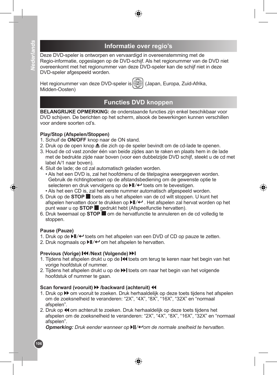 Informatie over regio’s, Functies dvd knoppen | Lexibook DVDP1SP User Manual | Page 106 / 116