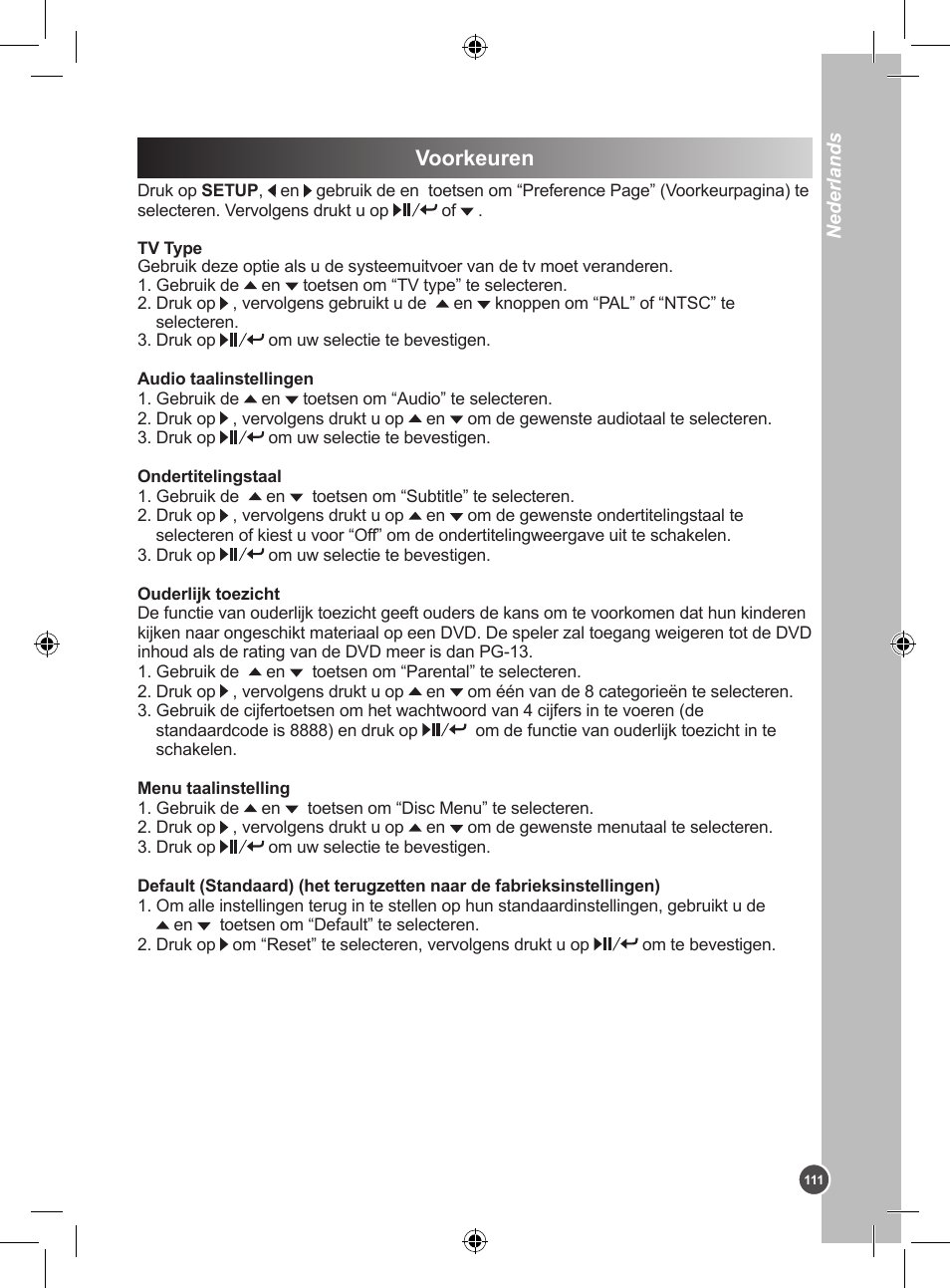 Voorkeuren | Lexibook DVDP1SP User Manual | Page 111 / 116